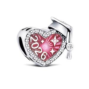 Graduation Heart Charm with Pink Enamel and Silver Accents